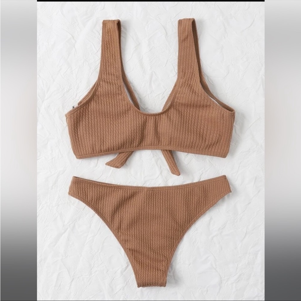 NWT Ribbed Tie Front Top Bikini - Coffee - Picture 2 of 4